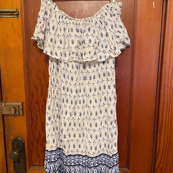 ADORABLE | Blue & White Off the Shoulder Dress - Picture 1 of 5
